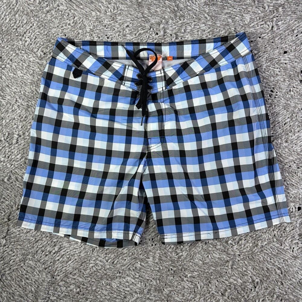 Sundek Board Shorts Mens 34 Plaid Blue Lined Summer Beach Drawstring Surf Tropic